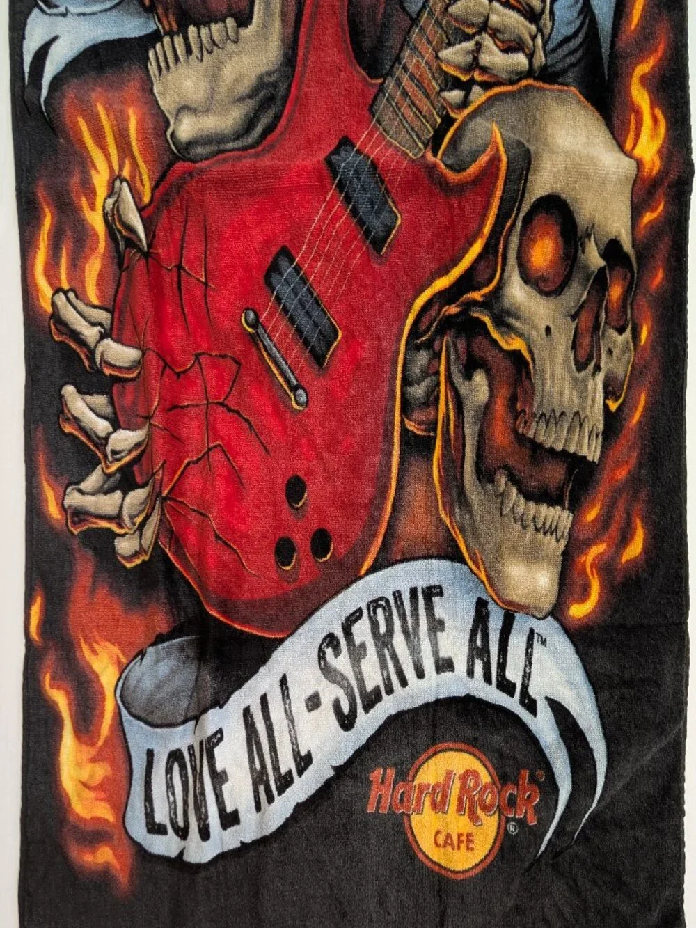 Hard Rock Cafe Graphic Beach/Pool Towel Flaming Skull Skeleton Electric Guitar